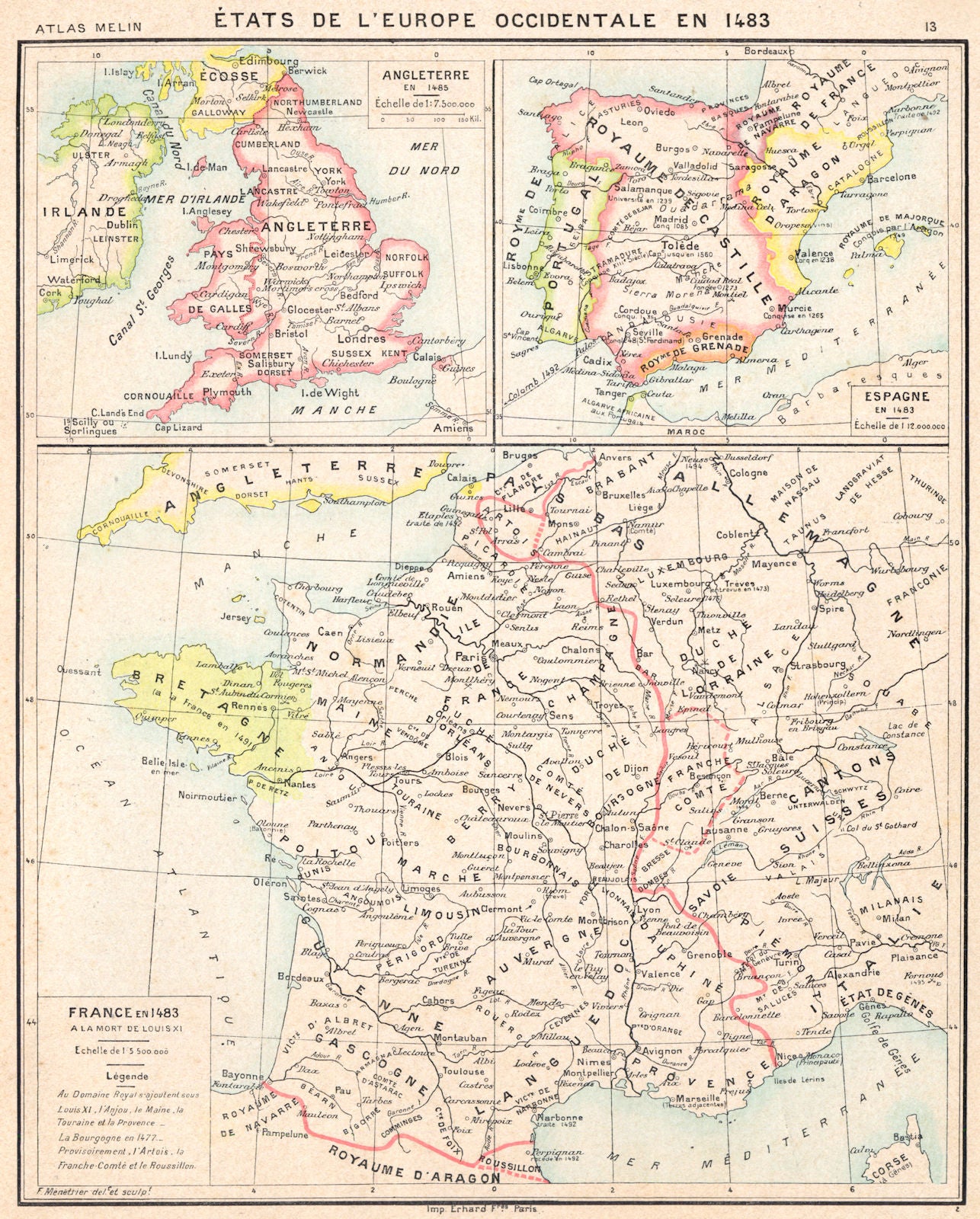 EUROPE. occidentale 1483; France; Angleterre; Espagne 1900 old antique map